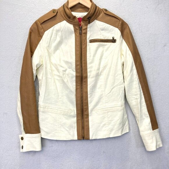 GILI Linen Blend Moto Jacket Faux Leather Womens Size 4 White Tan Zip Up Spring - Picture 1 of 16